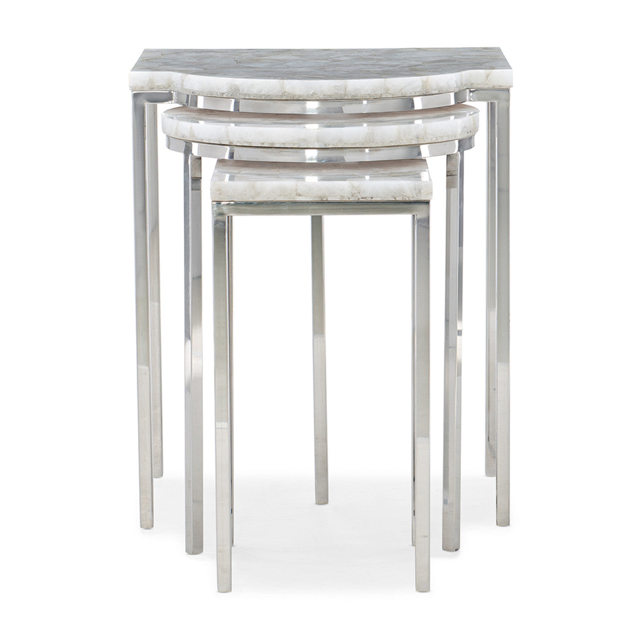 Set of 3 Nesting Tables with White Quartz Tops and Stainless Steel Base – Modern Showroom Sample