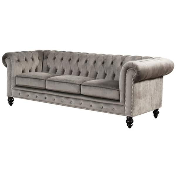 Grey Velvet Chesterfield Sofa | Abbyson Living | Tufted Designer Sofa | Showroom Sample