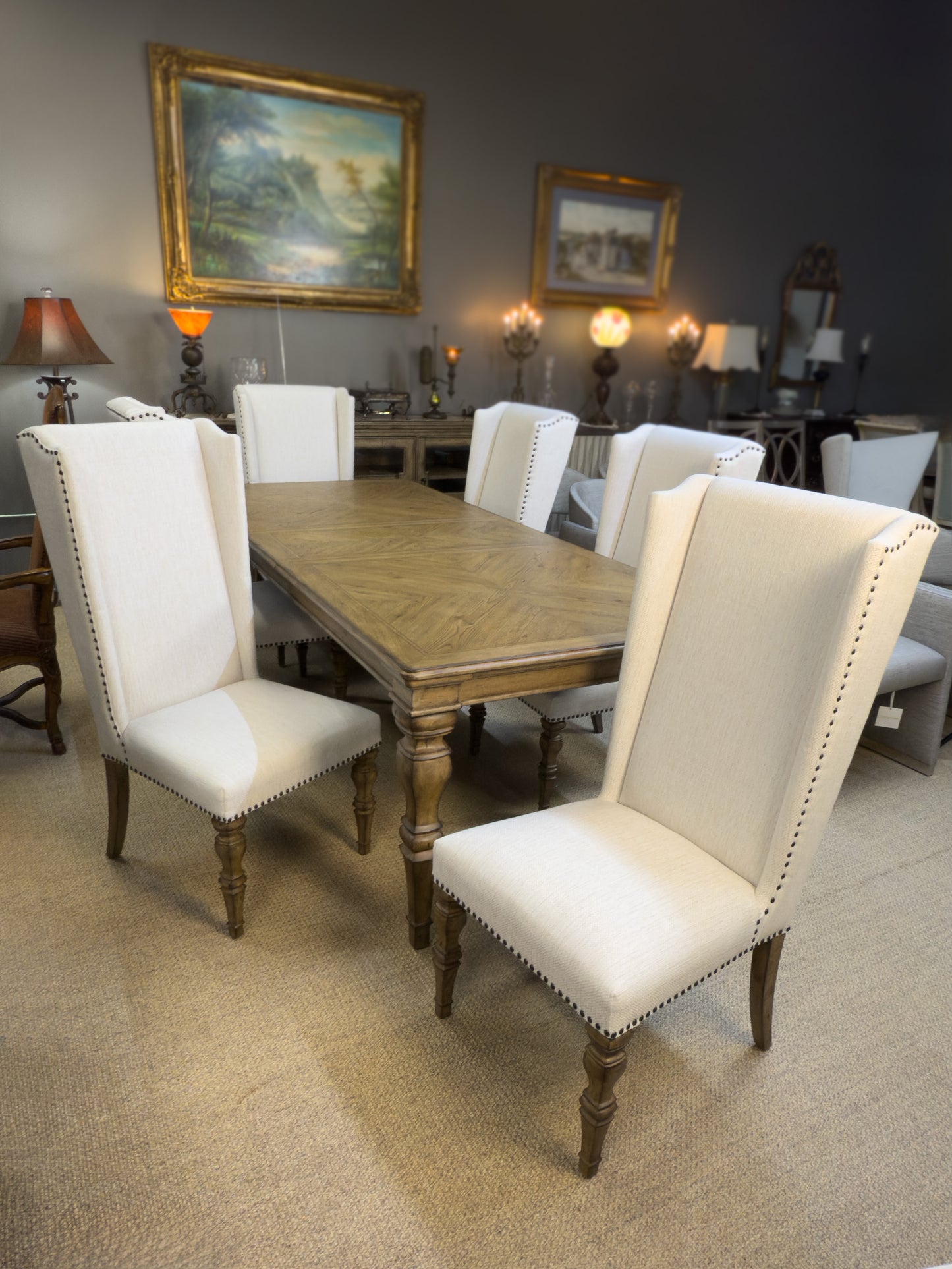 Pulaski Garrison Cove Dining Set | Extendable Table + 8 Upholstered Chairs – Showroom Display