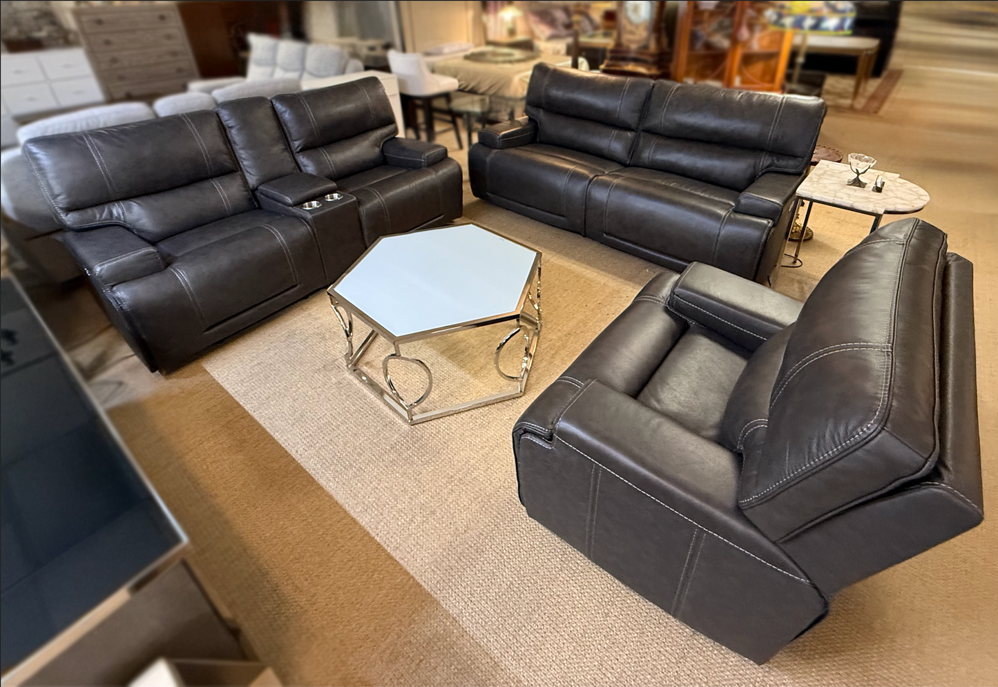 Genuine Leather Recliner Set | Sofa + Loveseat + Chair – Floor Sample