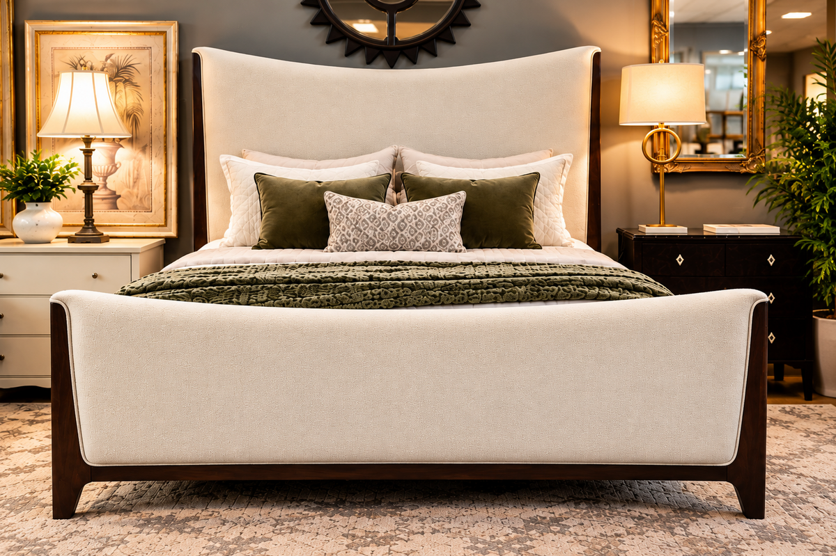 Luxury Queen Upholstered Bed – Cream & Dark Wood | Showroom Sample