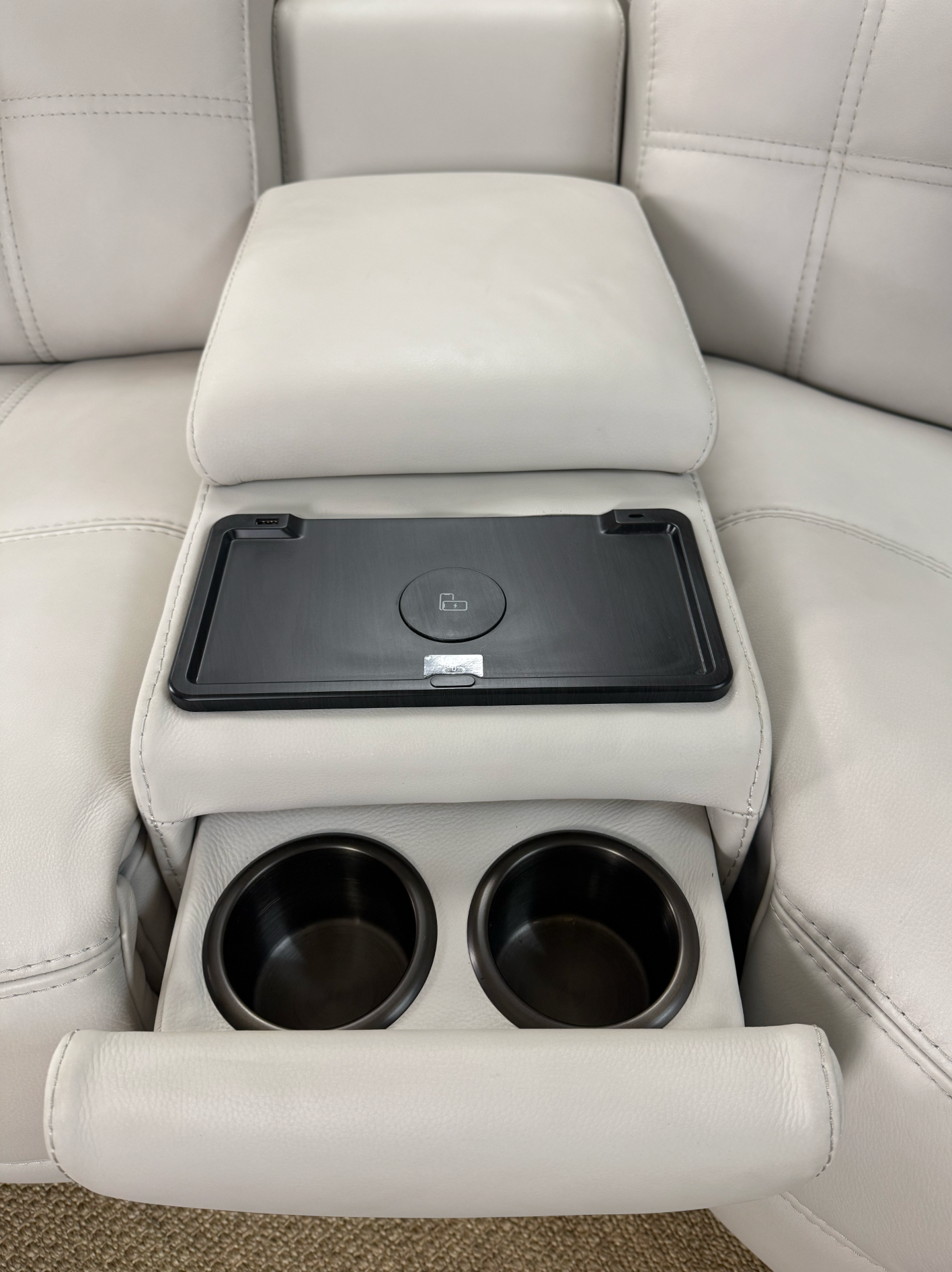White Leather Modular Sectional, Showroom Sample with Storage, Cupholders & Wireless Charging