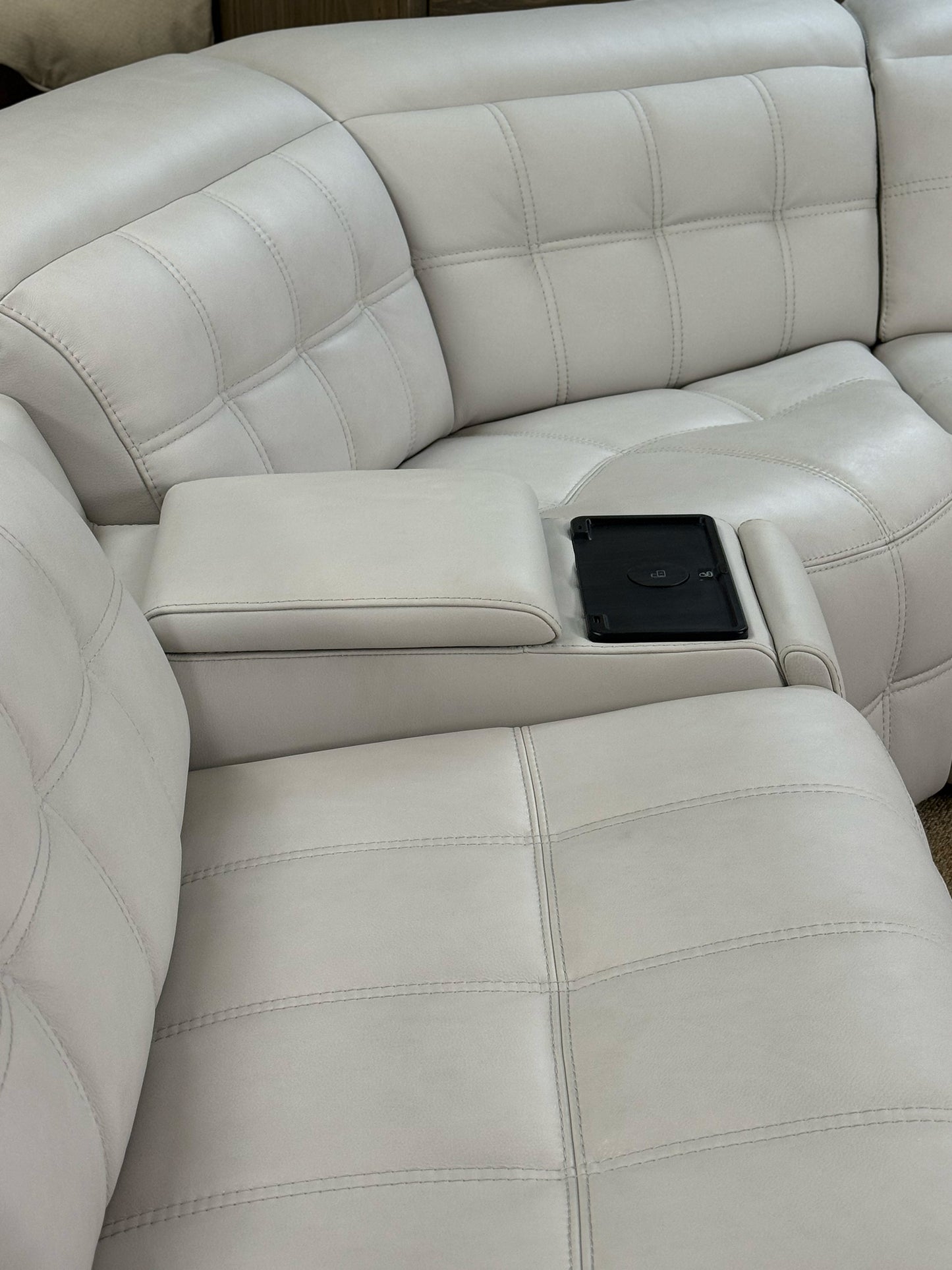 White Leather Modular Sectional, Showroom Sample with Storage, Cupholders & Wireless Charging