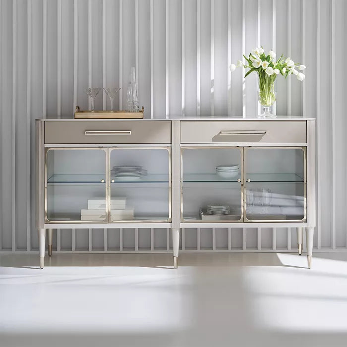 Elegant Matte Pearl Cabinet with Glass Doors and Adjustable Shelves – Showroom Sample