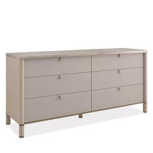 Elegant 6-Drawer Dresser with Travertine Stone Top and Bronze Accents – Modern Showroom Sample