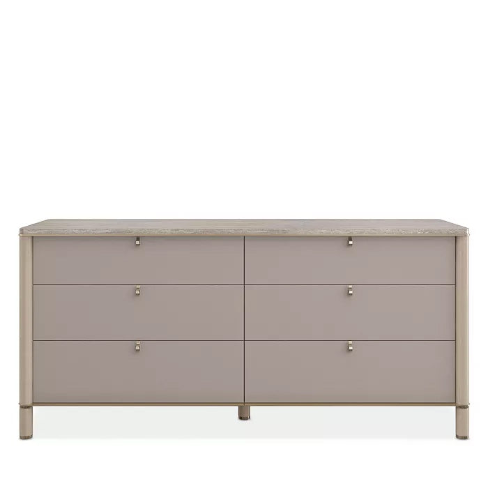 Elegant 6-Drawer Dresser with Travertine Stone Top and Bronze Accents – Modern Showroom Sample