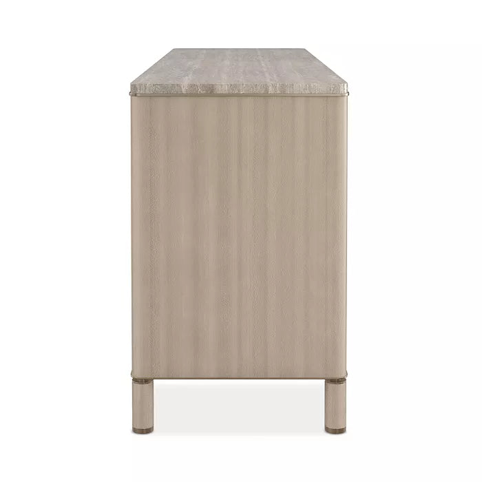 Elegant 6-Drawer Dresser with Travertine Stone Top and Bronze Accents – Modern Showroom Sample