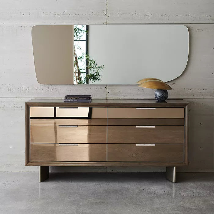 La Moda Collection: Bold Sepia Dresser with Bronze Mirror Fronts and Floating Jewelry Tray