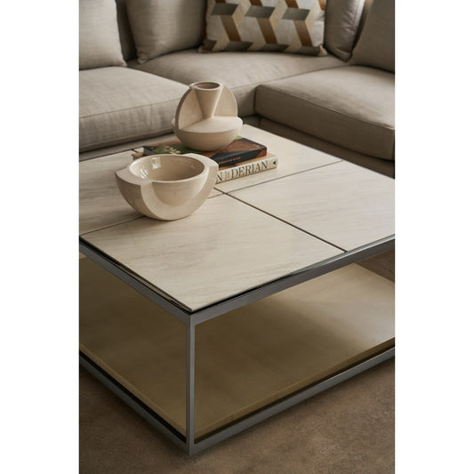 Cocktail Table with Crème Travertine Stone Top and Bronze Frame – Elegant Showroom Sample