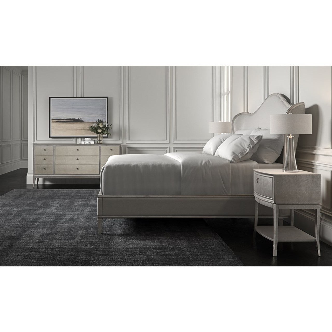 Caracole Bedtime Beauty King Bed - Luxury Upholstered Bed with Oracle Silver Leaf Trim