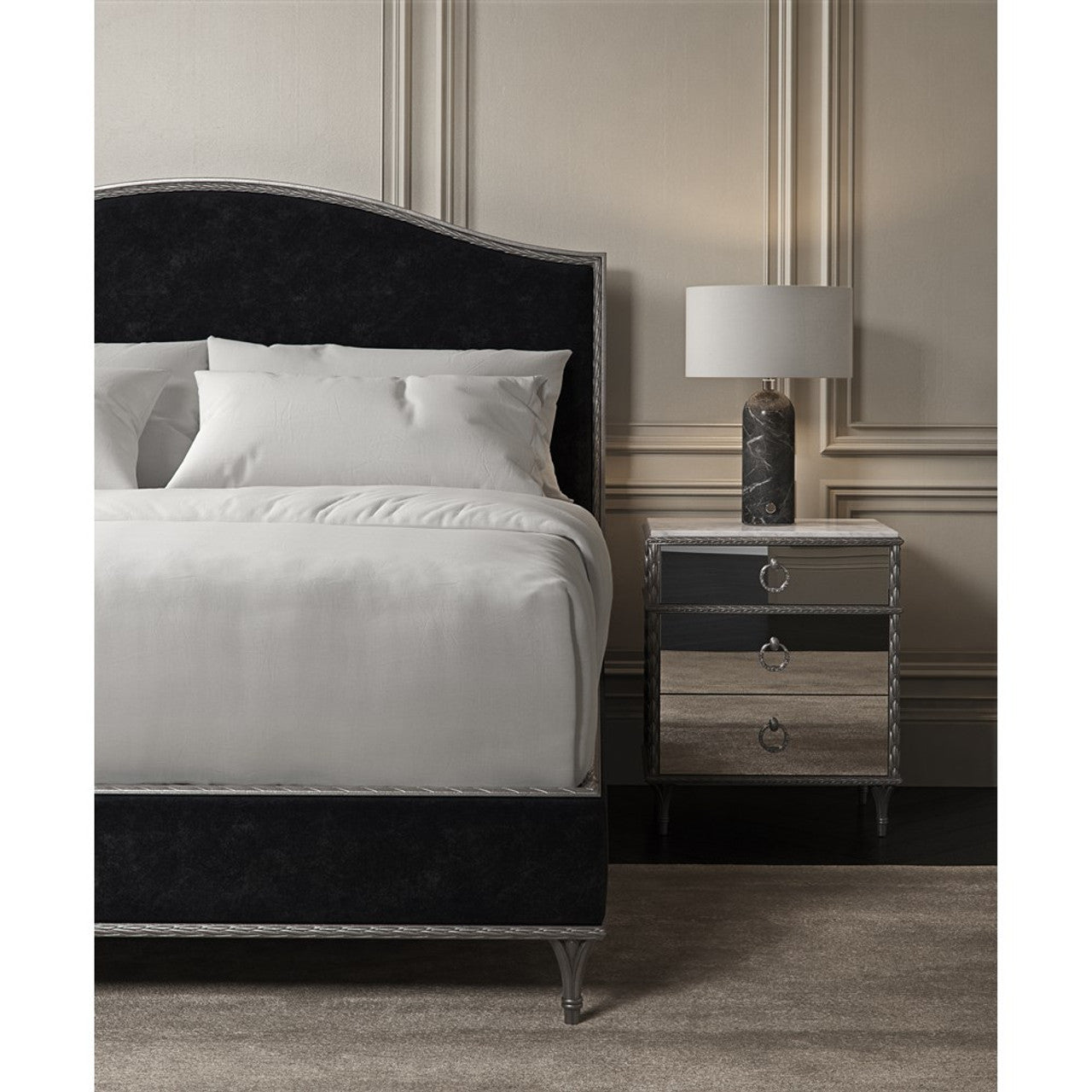 Caracole Fontainebleau Platform King Bed - Luxurious Upholstered Bed with Sea Smoke Leaf Trim