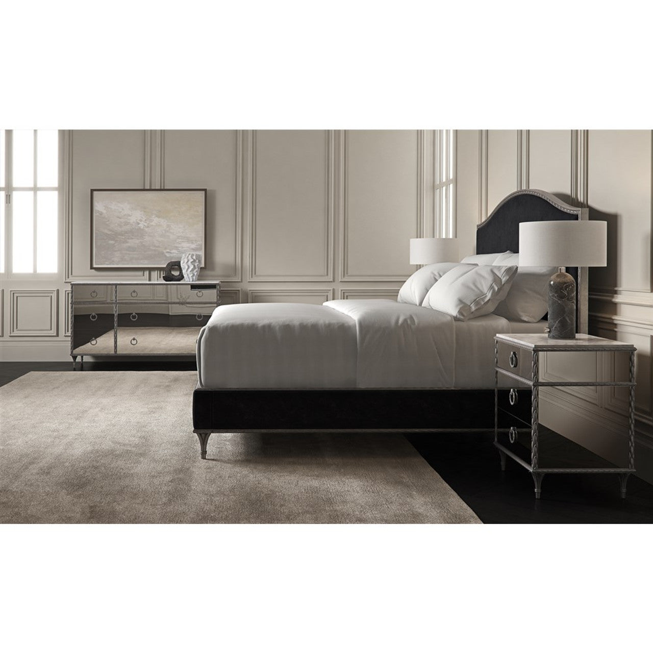 Caracole Fontainebleau Platform King Bed - Luxurious Upholstered Bed with Sea Smoke Leaf Trim