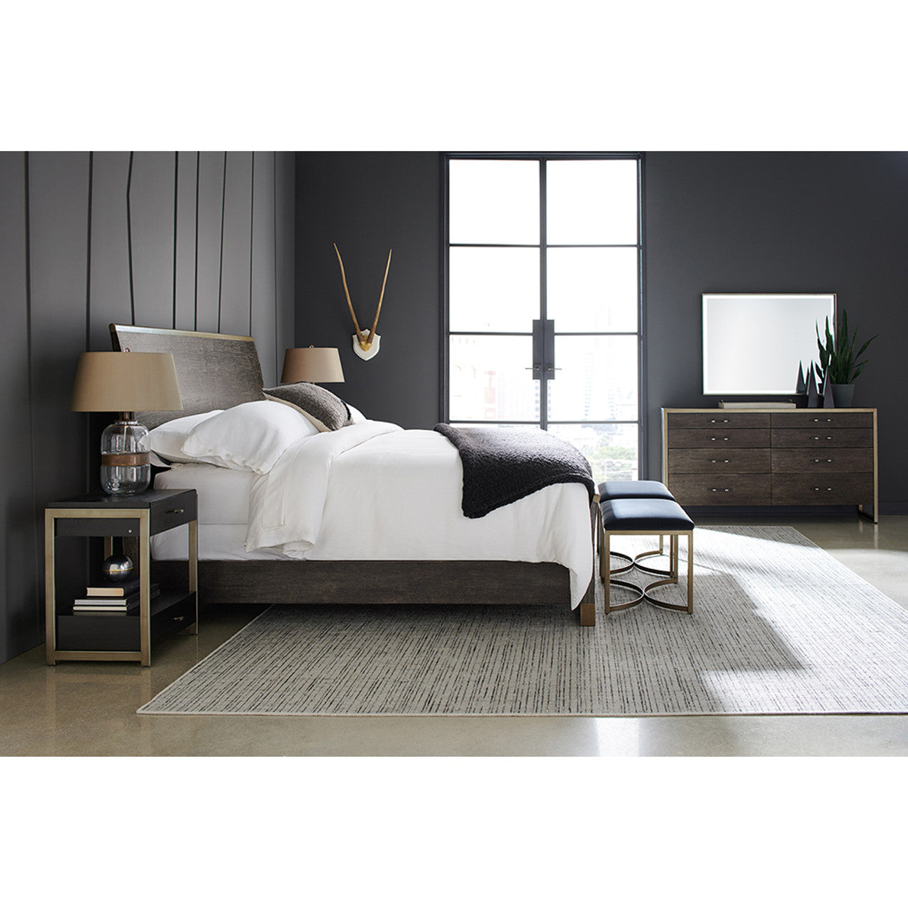 Caracole Modern Remix Wood Bed – King Size | Cerused Oak with Bronze Accents