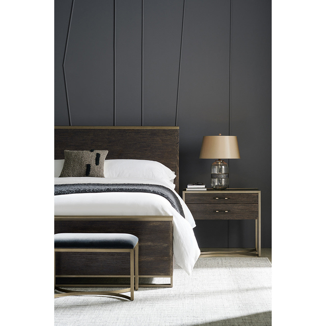 Caracole Modern Remix Wood Bed – King Size | Cerused Oak with Bronze Accents