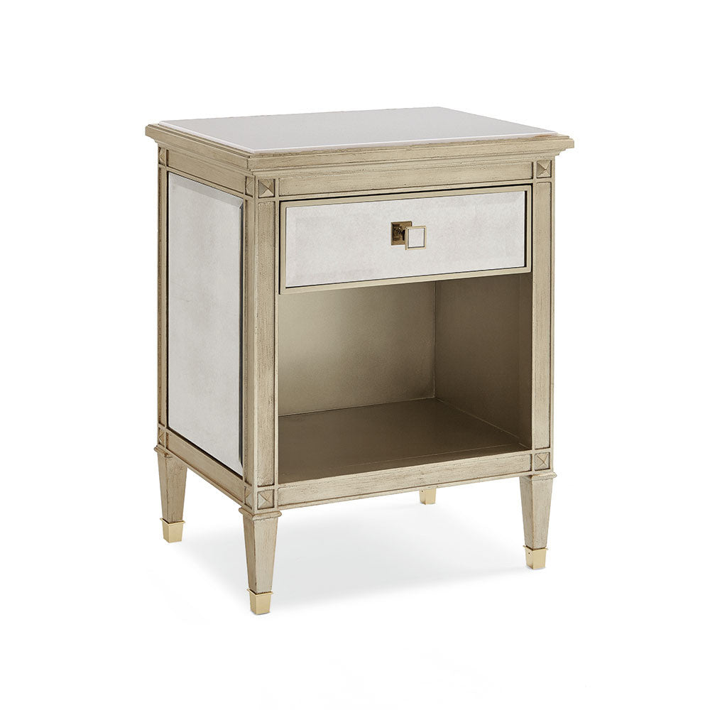 Set of 2 Nightstands with Antique Mirror Facades and White Stone Tops – Luxurious Showroom Sample