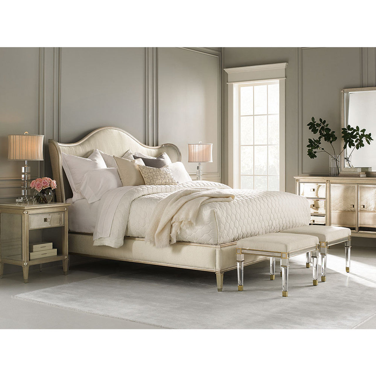 Set of 2 Nightstands with Antique Mirror Facades and White Stone Tops – Luxurious Showroom Sample