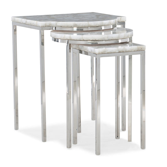 Set of 3 Nesting Tables with White Quartz Tops and Stainless Steel Base – Modern Showroom Sample