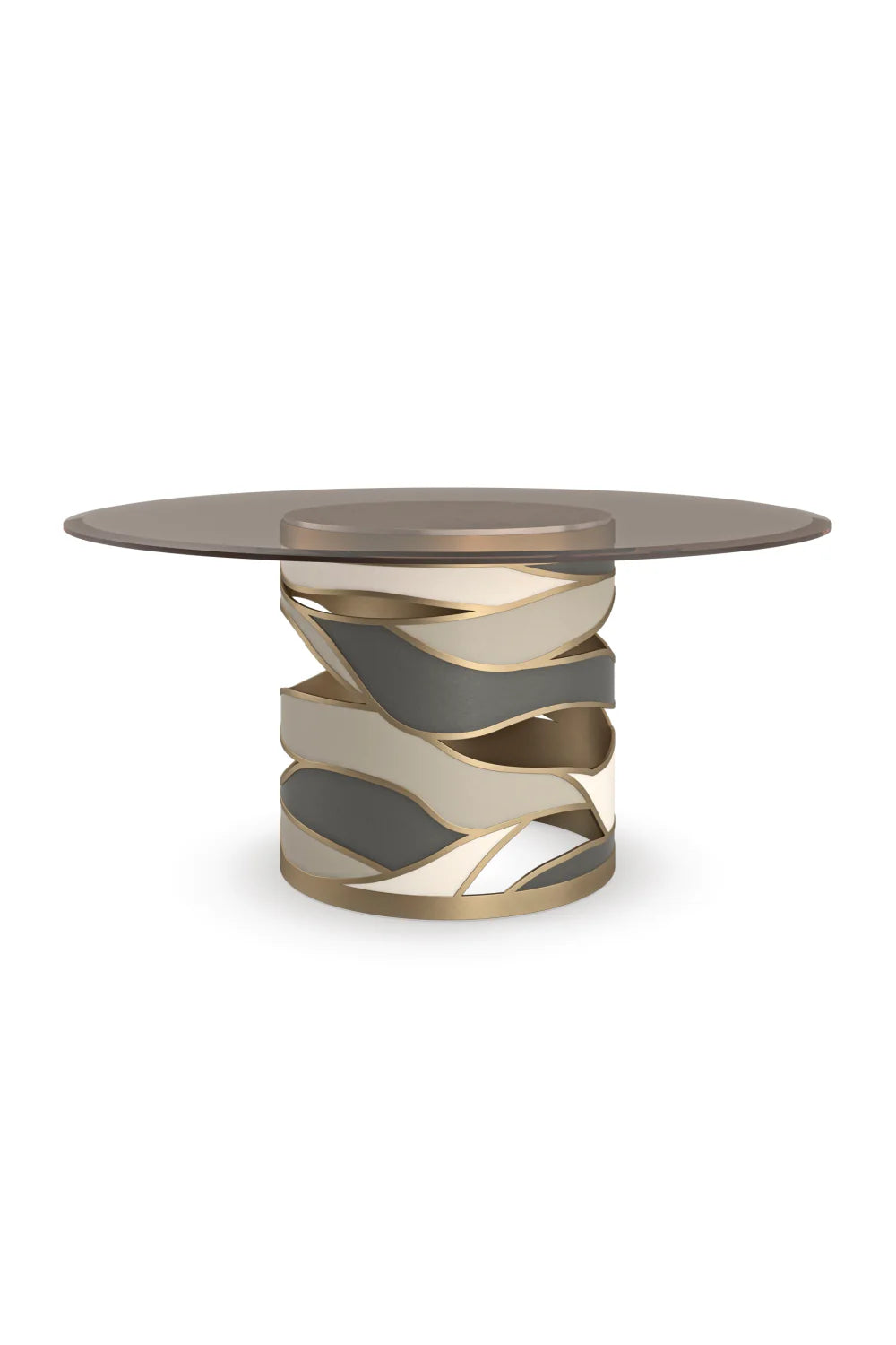 Round Glass Dining Table with Brushed Gold Base and Faux Shagreen Accents – Artistic Showroom Sample