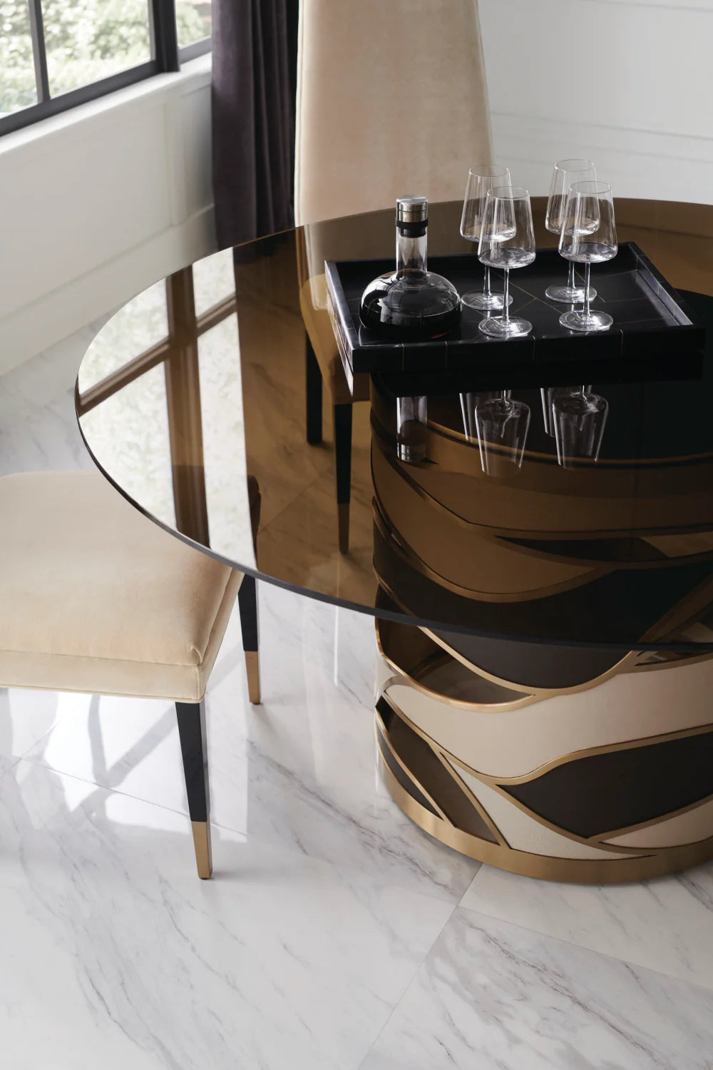 Round Glass Dining Table with Brushed Gold Base and Faux Shagreen Accents – Artistic Showroom Sample