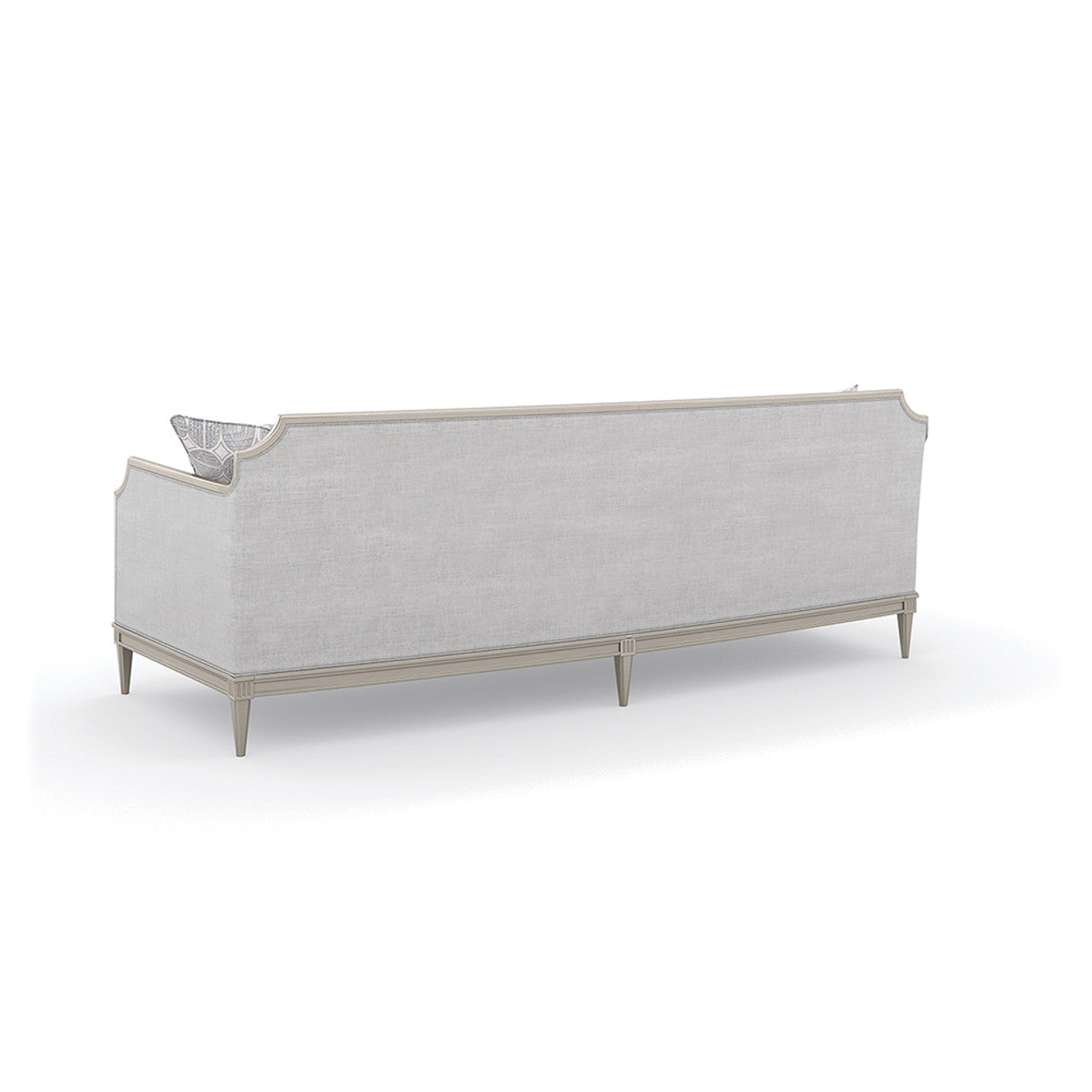 Italian-Inspired Gray Textured Sofa with Matte Pearl Wood Frame – Elegant Showroom Sample