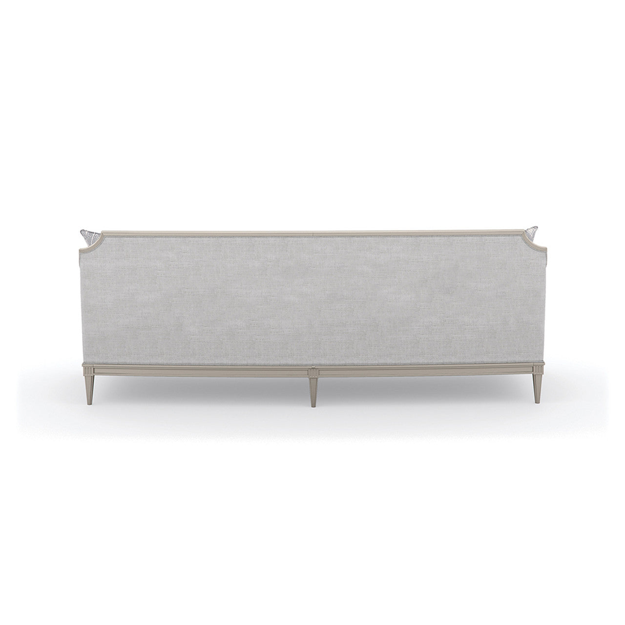 Italian-Inspired Gray Textured Sofa with Matte Pearl Wood Frame – Elegant Showroom Sample