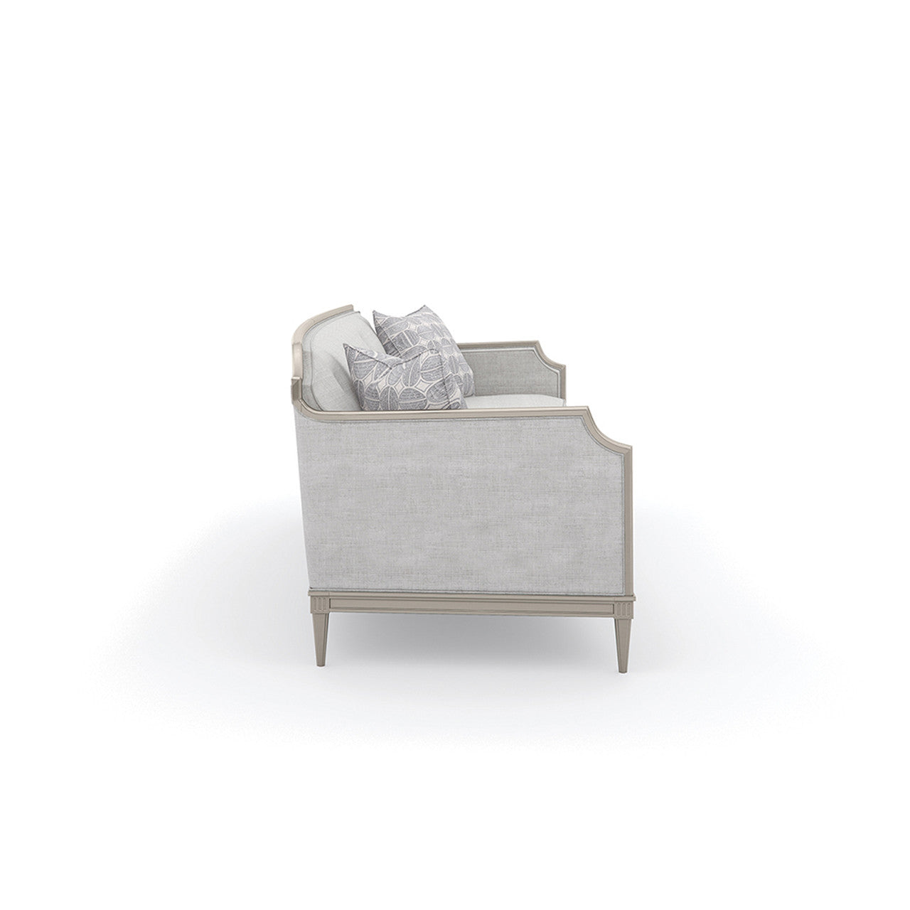 Italian-Inspired Gray Textured Sofa with Matte Pearl Wood Frame – Elegant Showroom Sample