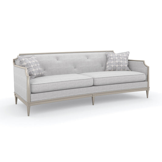 Italian-Inspired Gray Textured Sofa with Matte Pearl Wood Frame – Elegant Showroom Sample