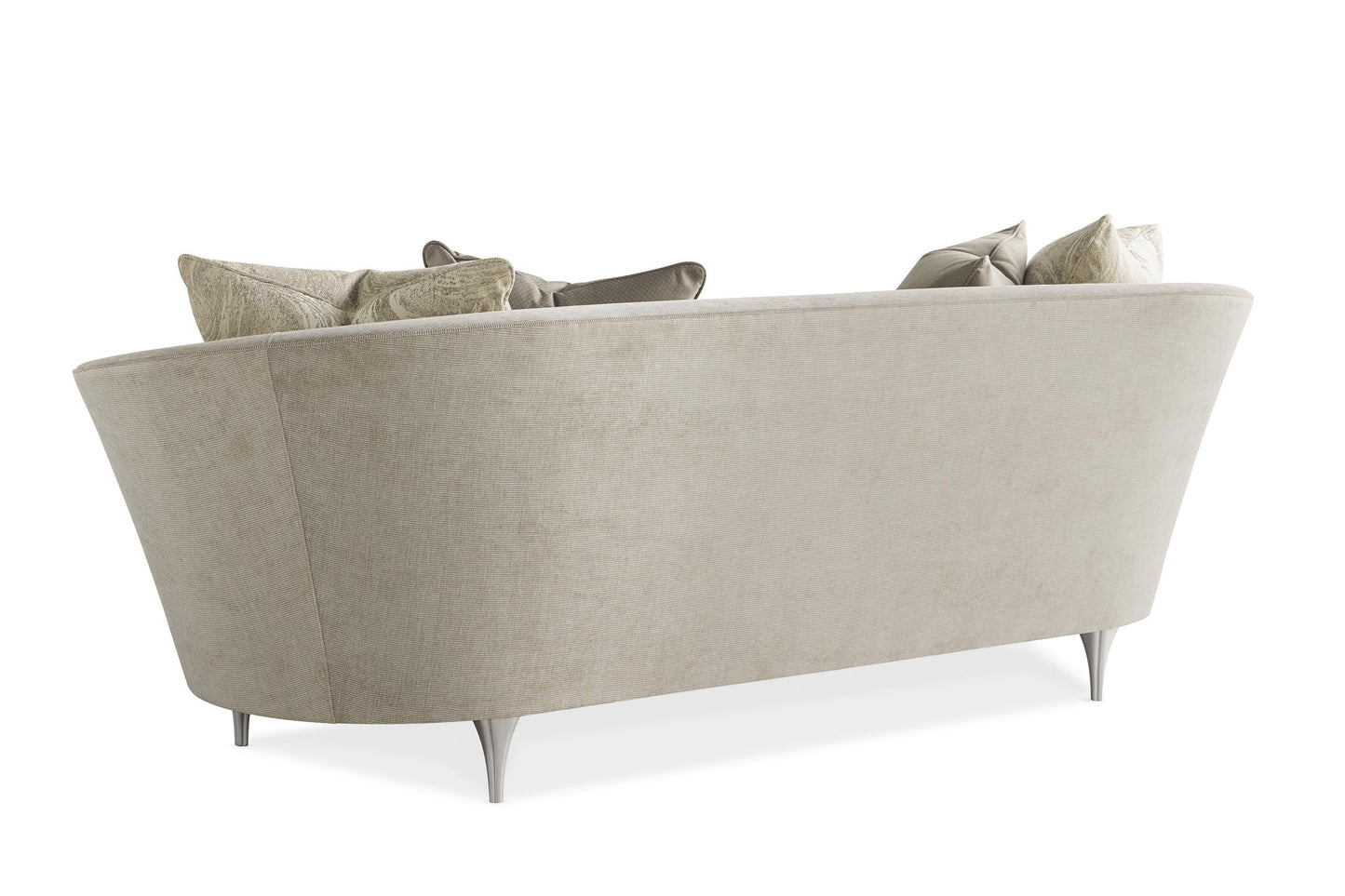 Luxurious Sofa in Neutral Performance Fabric with Carved Wood Panels – Showroom Sample