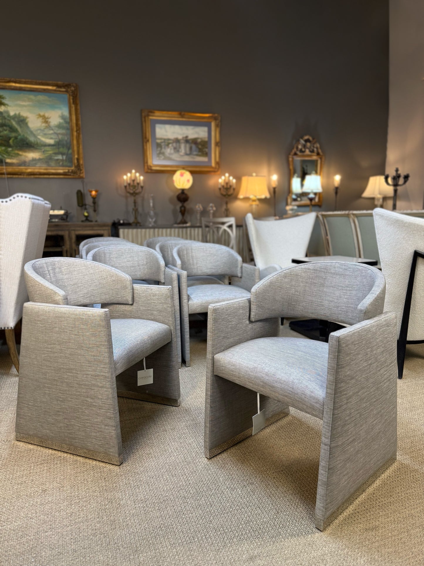Caracole “Polish Off” Upholstered Dining Chairs – Set of 8 | Showroom Sample