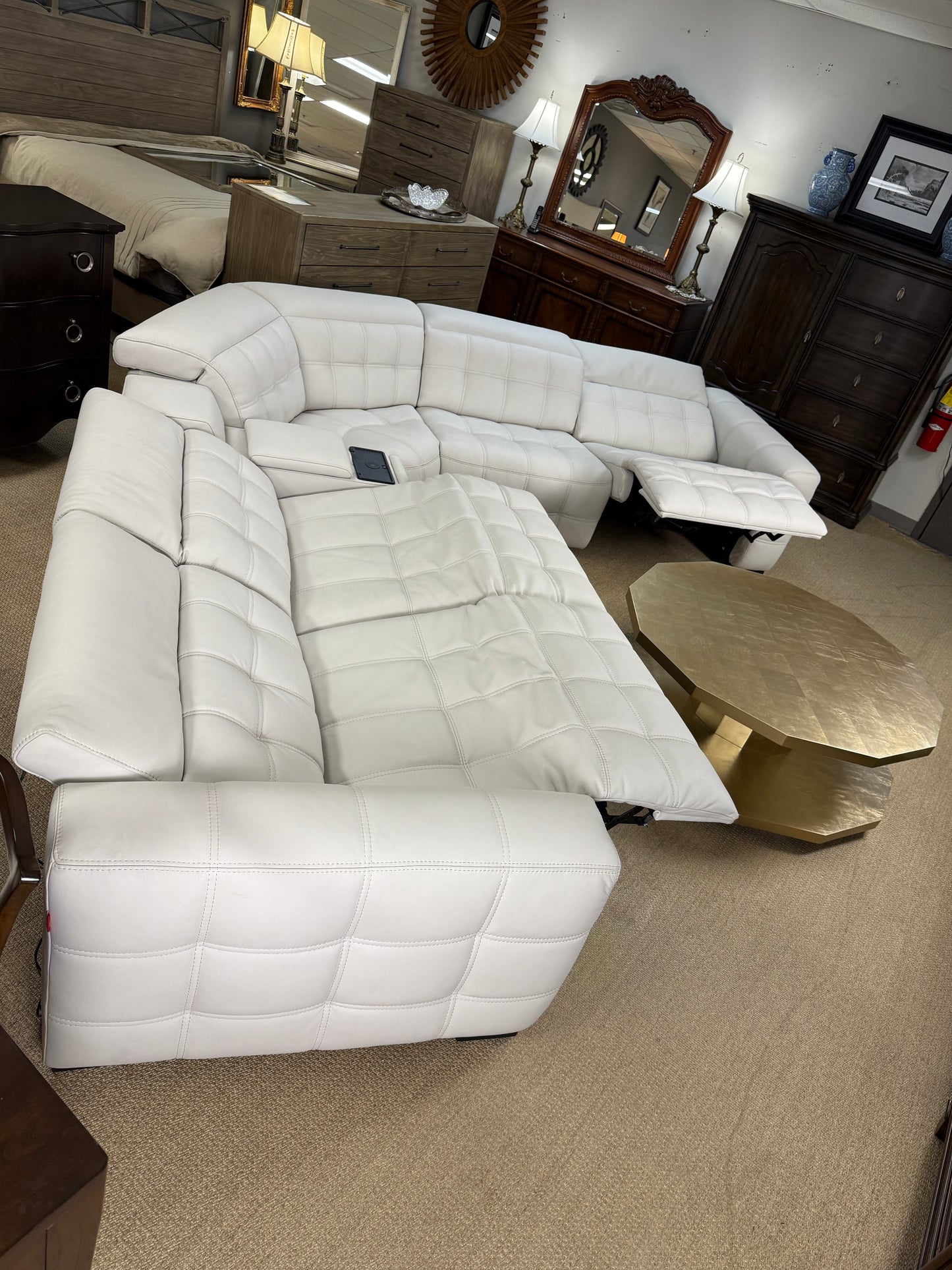 White Leather Modular Sectional, Showroom Sample with Storage, Cupholders & Wireless Charging