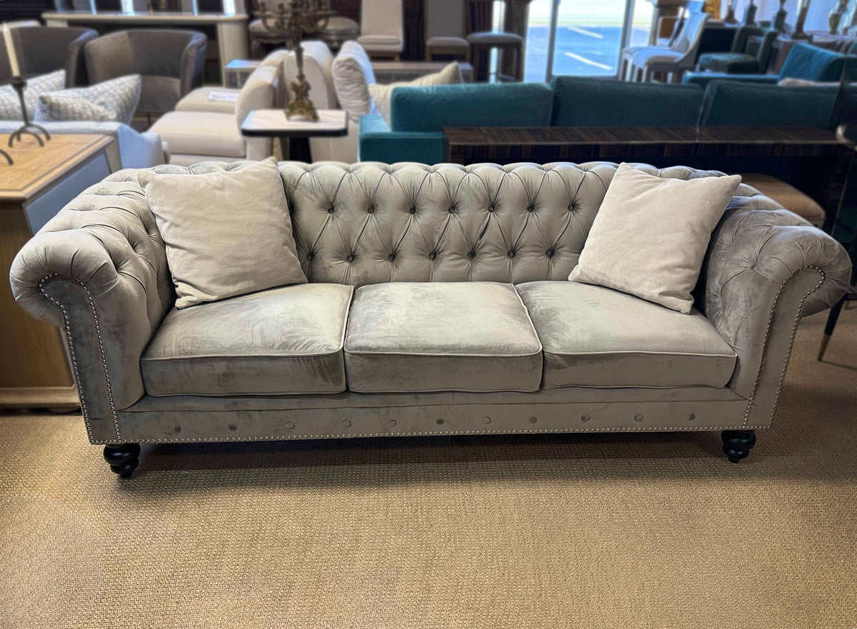 Grey Velvet Chesterfield Sofa | Abbyson Living | Tufted Designer Sofa | Showroom Sample