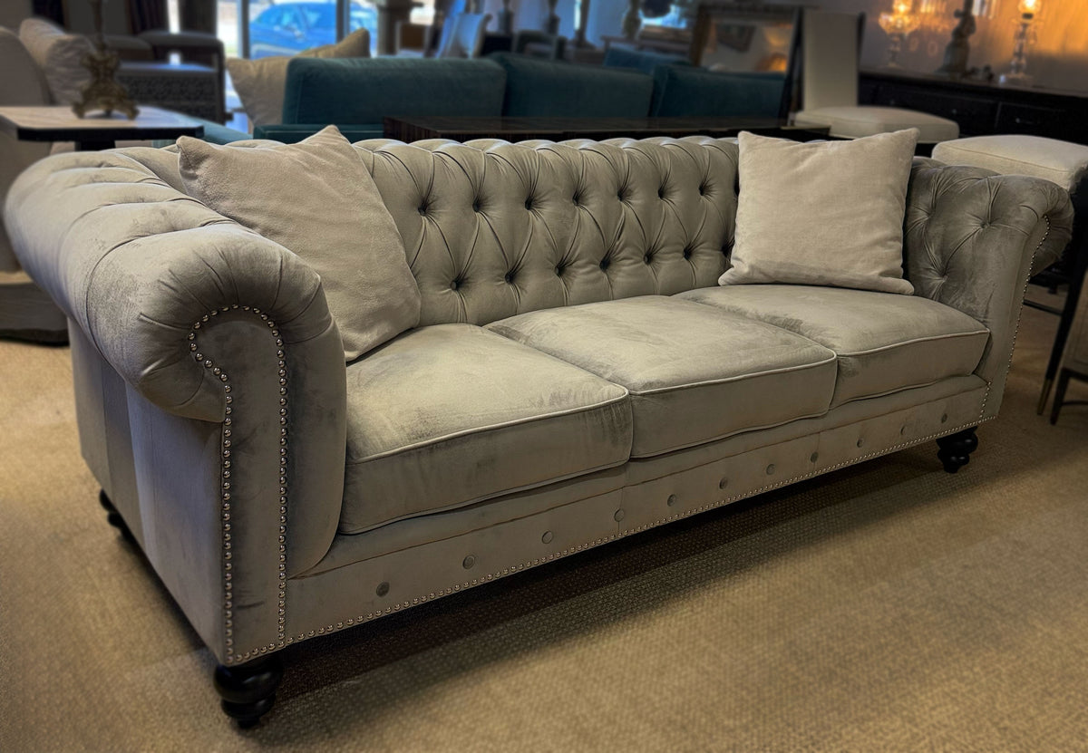 Grey Velvet Chesterfield Sofa | Abbyson Living | Tufted Designer Sofa | Showroom Sample