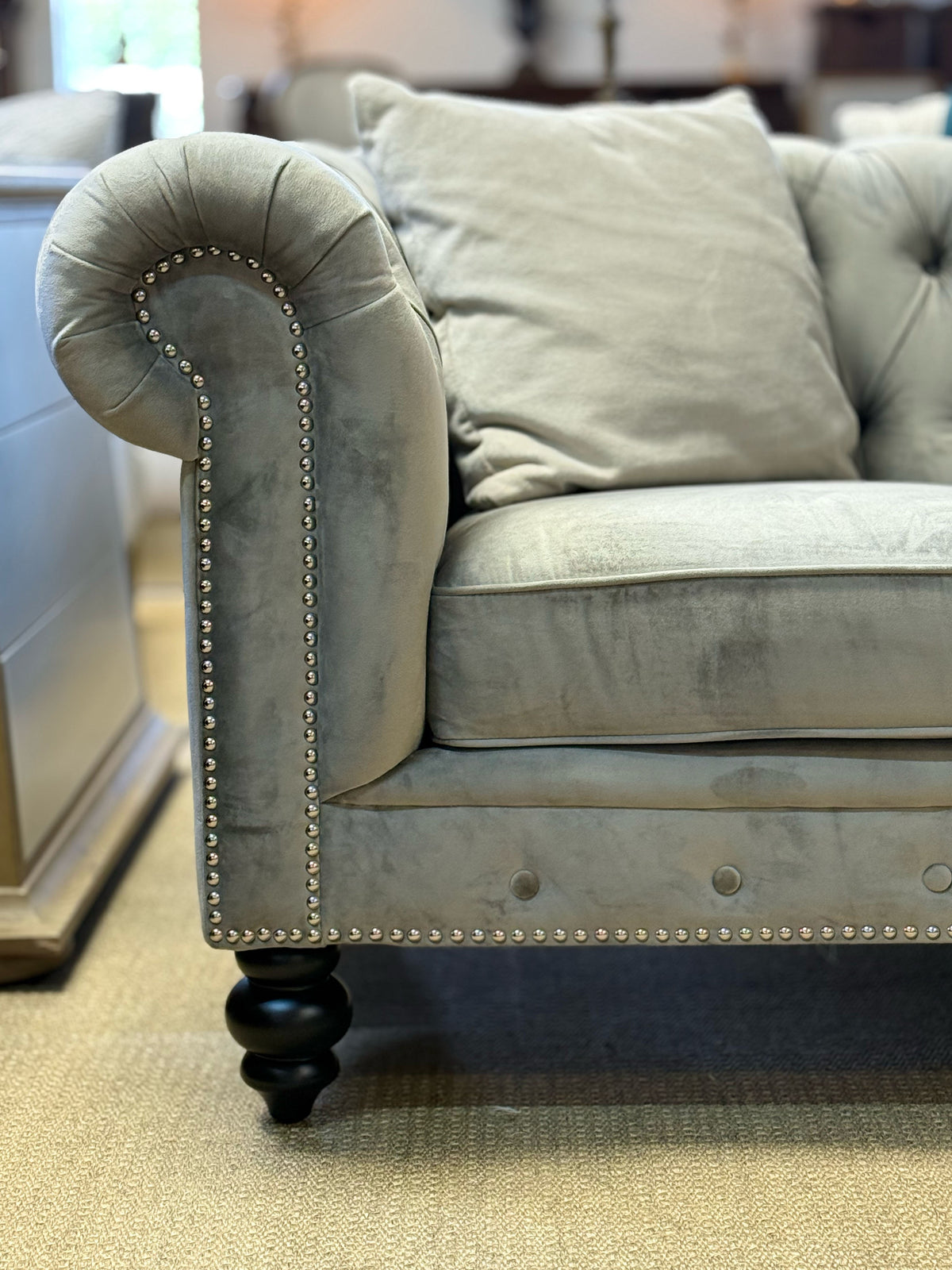 Grey Velvet Chesterfield Sofa | Abbyson Living | Tufted Designer Sofa | Showroom Sample