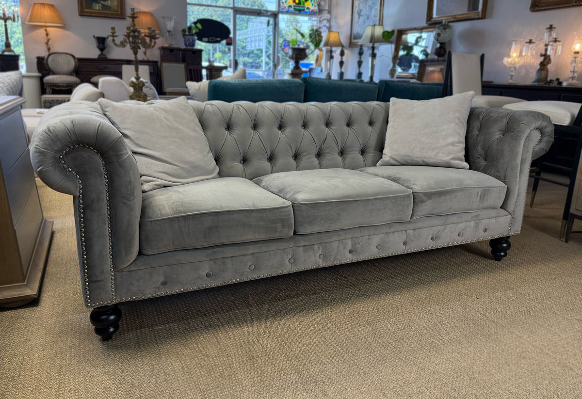 Grey Velvet Chesterfield Sofa | Abbyson Living | Tufted Designer Sofa | Showroom Sample