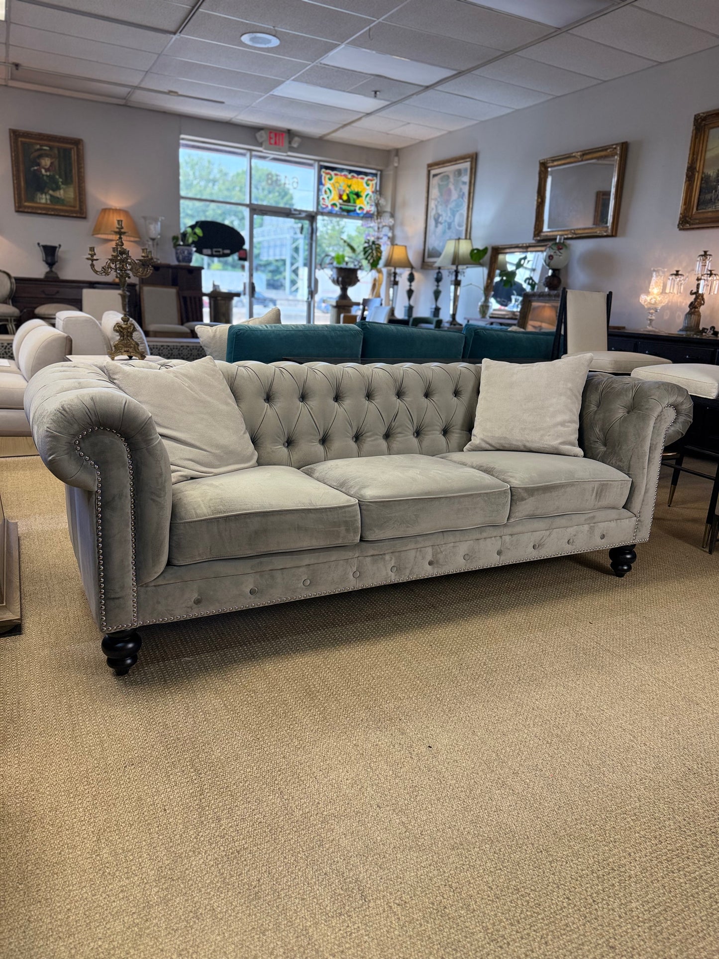 Grey Velvet Chesterfield Sofa | Abbyson Living | Tufted Designer Sofa | Showroom Sample