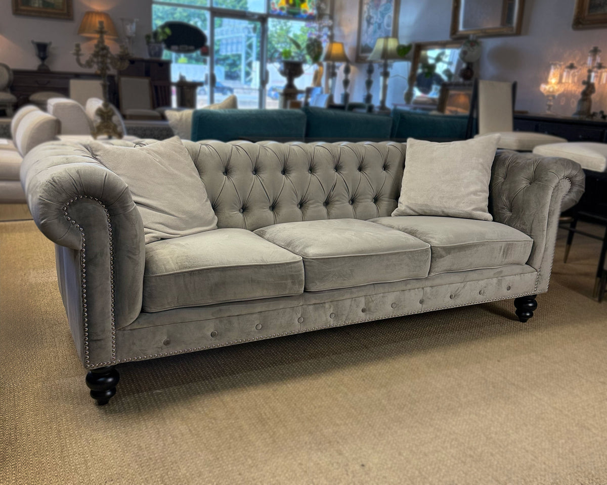 Grey Velvet Chesterfield Sofa | Abbyson Living | Tufted Designer Sofa | Showroom Sample