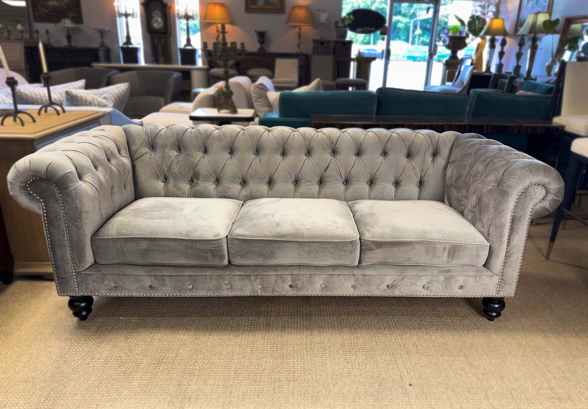 Grey Velvet Chesterfield Sofa | Abbyson Living | Tufted Designer Sofa | Showroom Sample