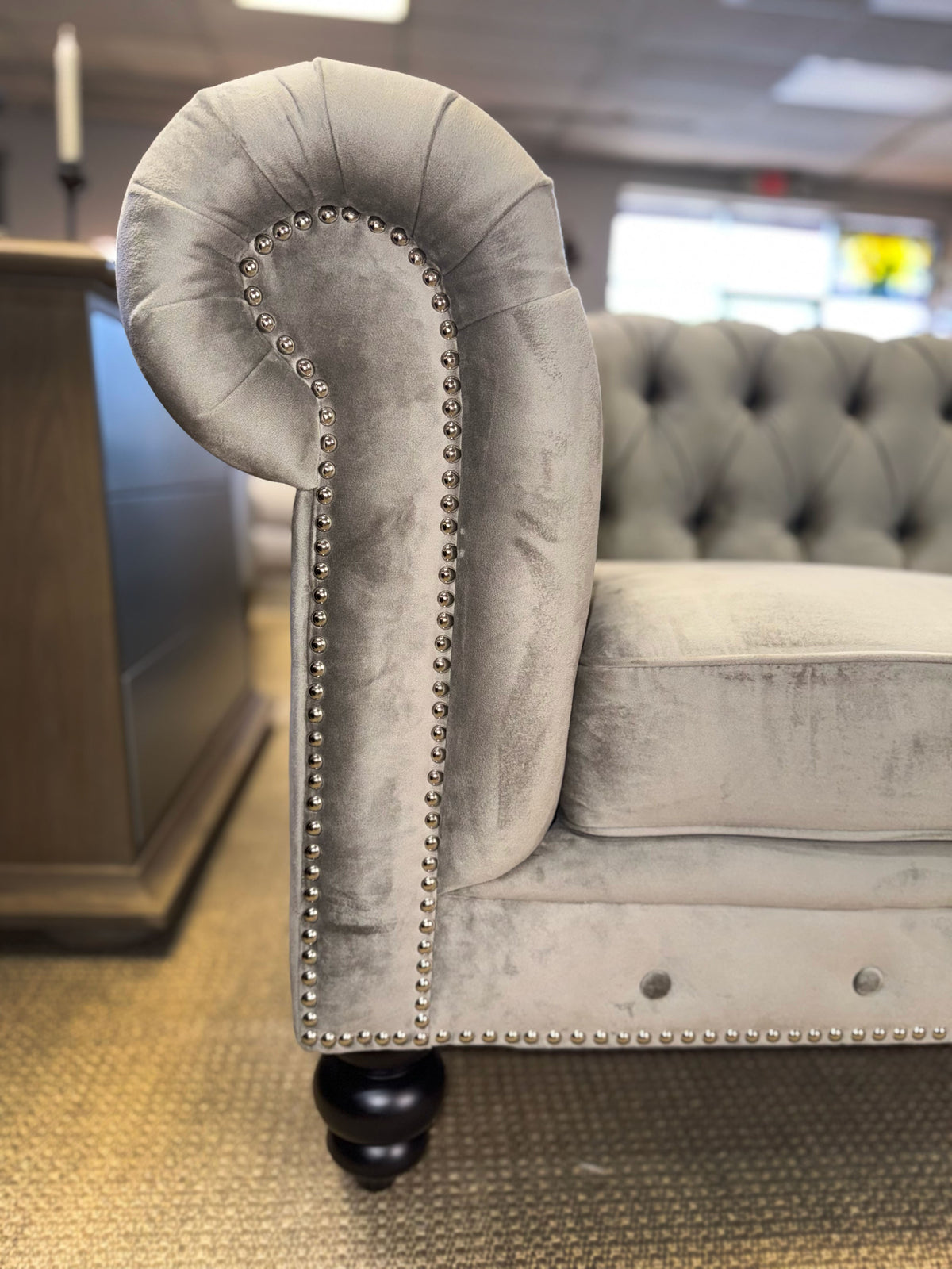 Grey Velvet Chesterfield Sofa | Abbyson Living | Tufted Designer Sofa | Showroom Sample
