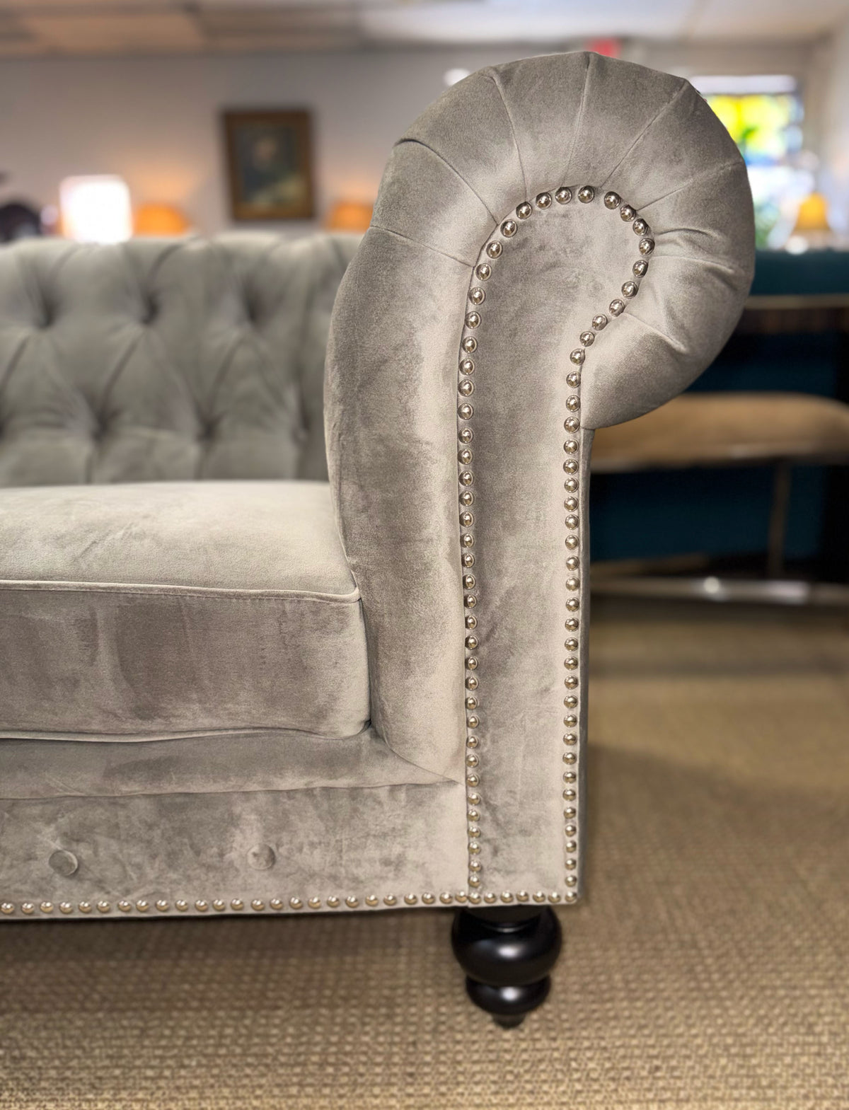 Grey Velvet Chesterfield Sofa | Abbyson Living | Tufted Designer Sofa | Showroom Sample