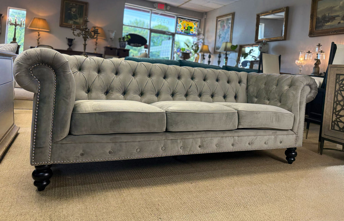 Grey Velvet Chesterfield Sofa | Abbyson Living | Tufted Designer Sofa | Showroom Sample
