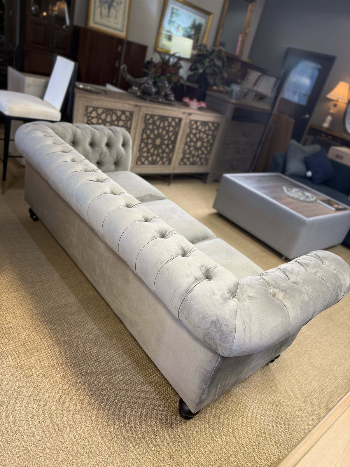 Grey Velvet Chesterfield Sofa | Abbyson Living | Tufted Designer Sofa | Showroom Sample