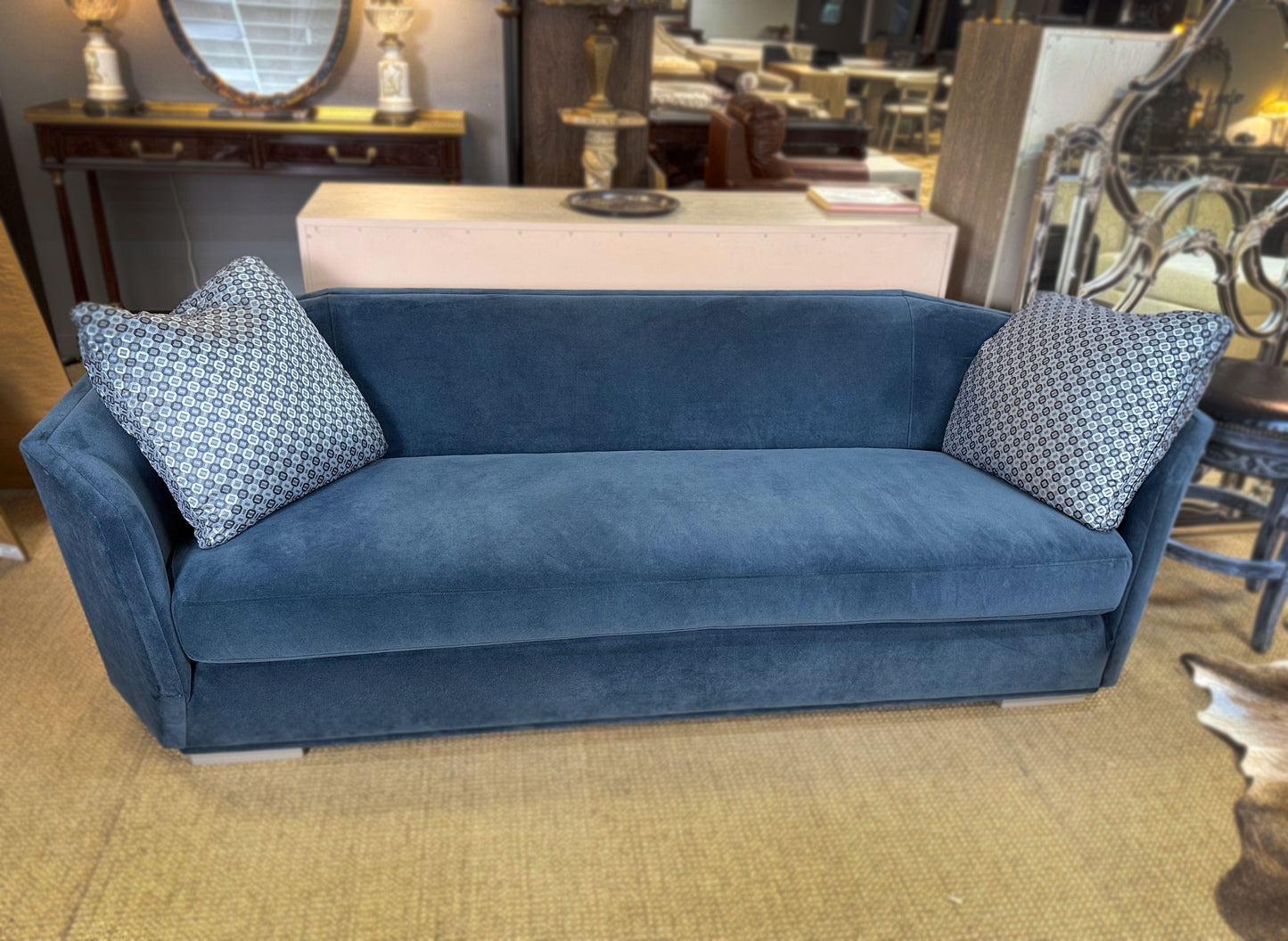 Modern Expressions Blue Velvet Designer Sofa | Showroom Sample
