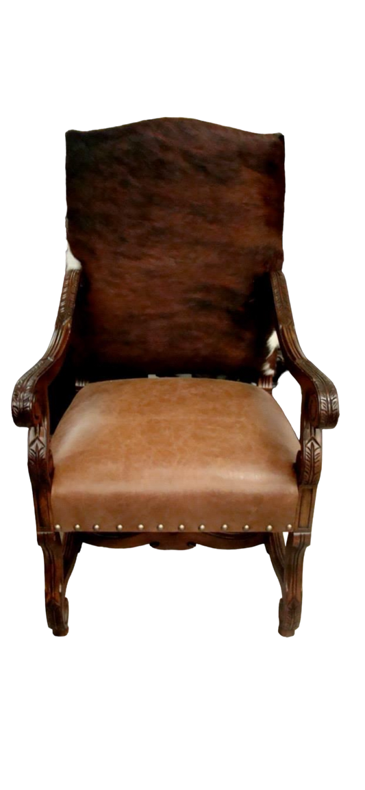 Vintage Western Curved Leather and Wood Armchair