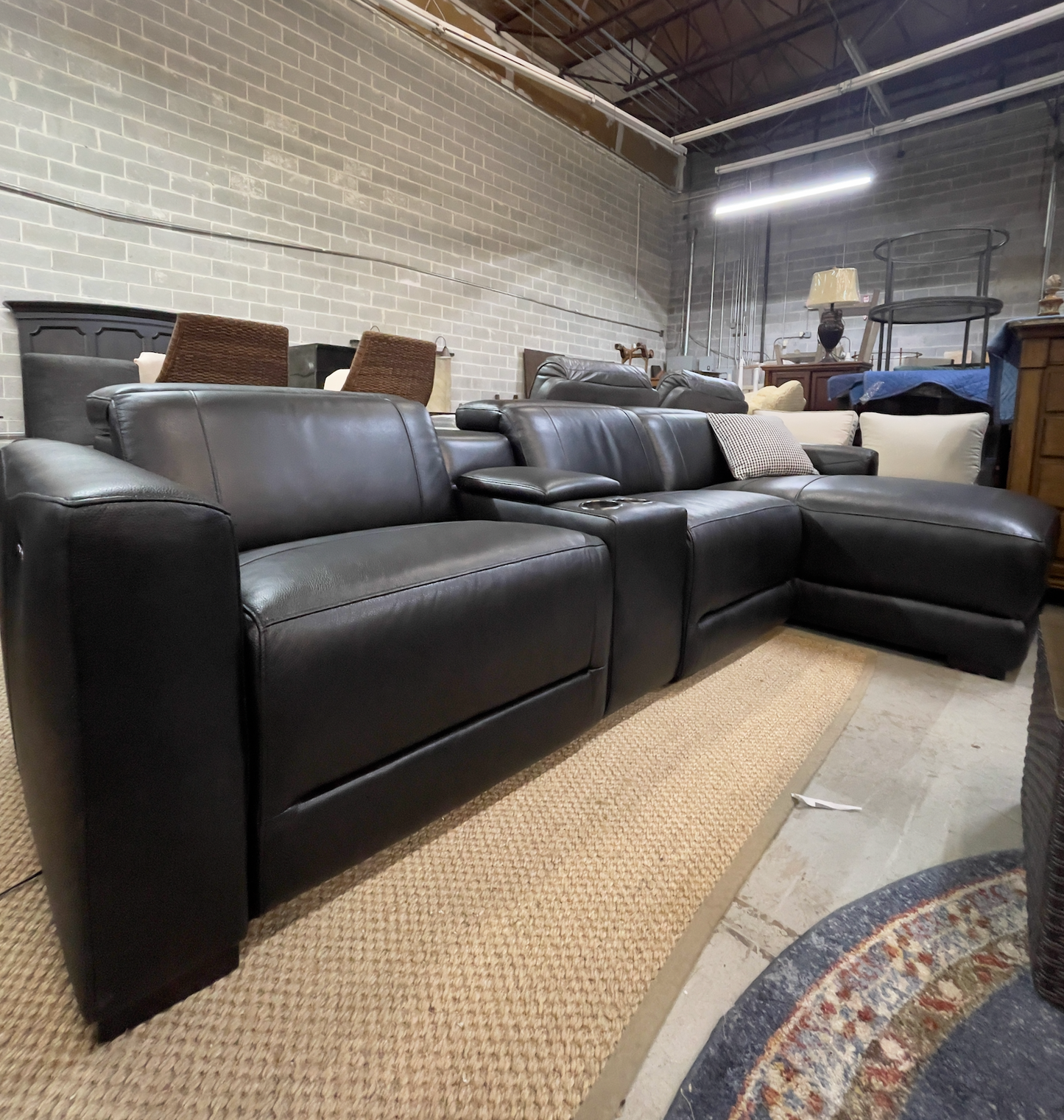 Black L-Shape Genuine Leather Sofa with Triple Power!