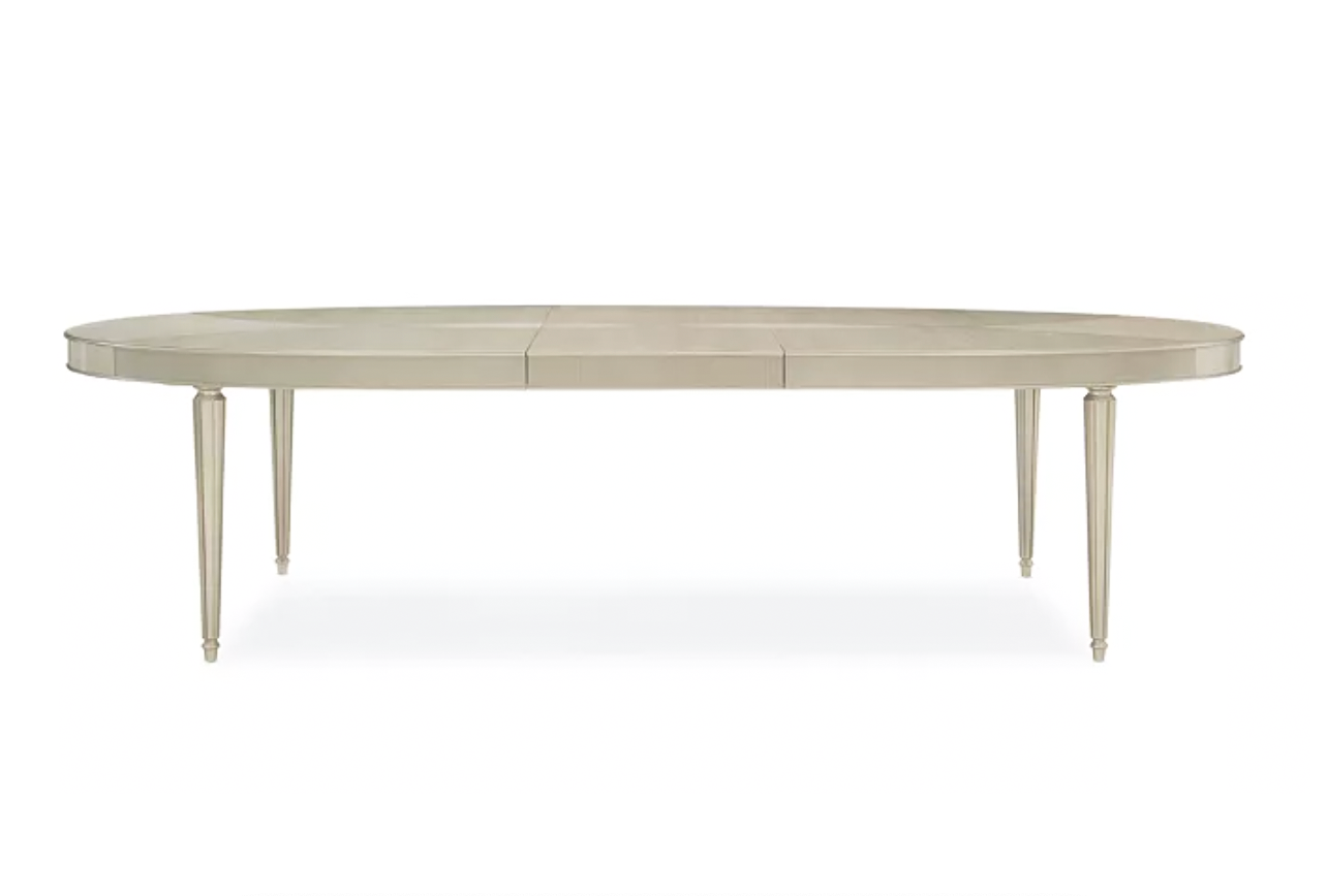 Extendable Dining Table for 8 with Silkscreened Pattern and Chrome Accents – Elegant Showroom Sample