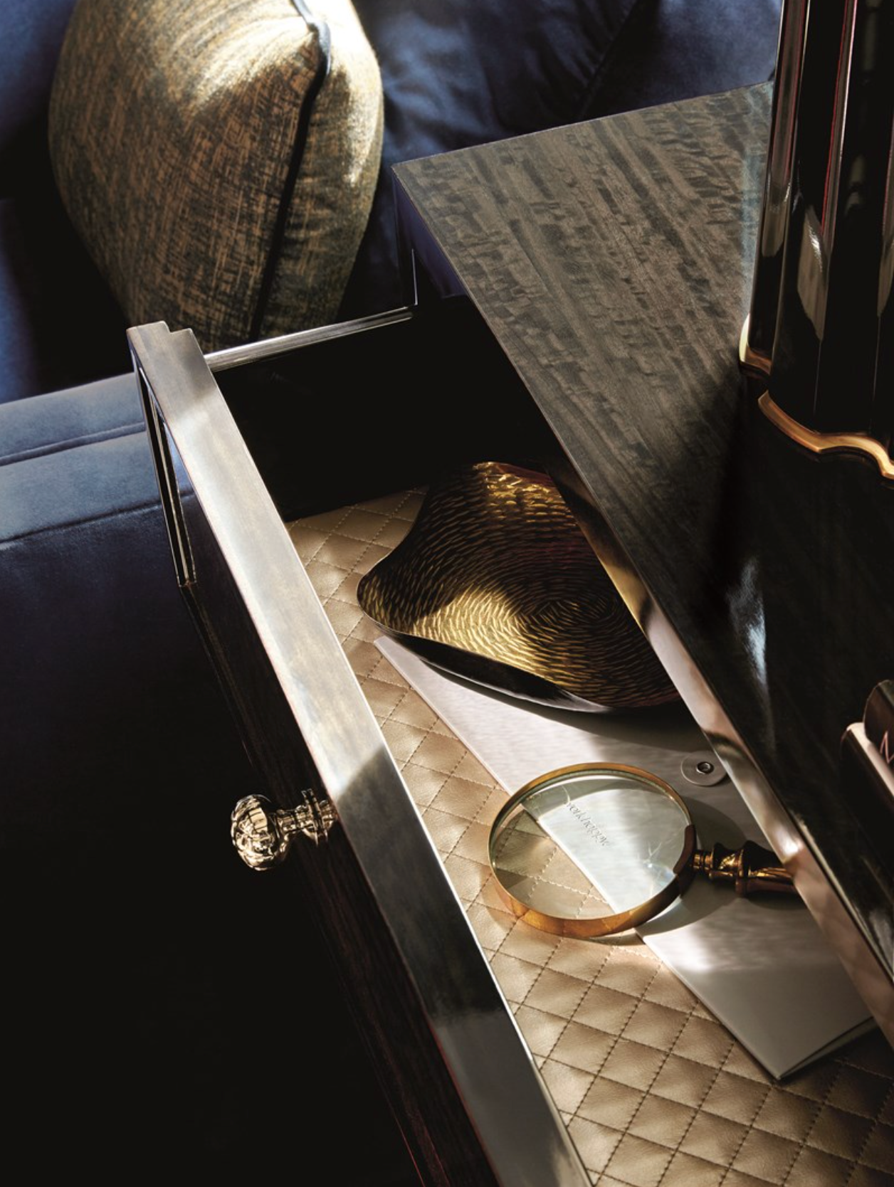 Three-Drawer Chest with Eucalyptus Veneer and Gold Accents – Luxurious Showroom Sample