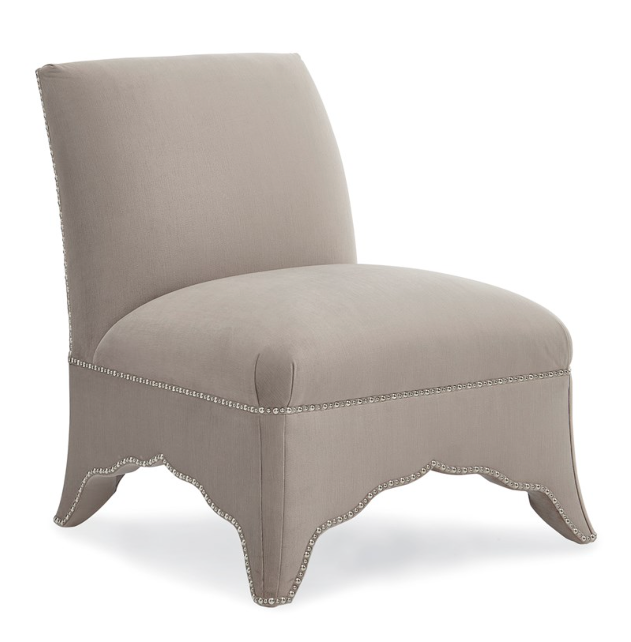 Elegant Upholstered Slipper Chair in Plum Grey with Nailhead Trim and Scalloped Detail – Showroom Sample