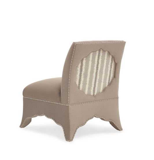 Elegant Upholstered Slipper Chair in Plum Grey with Nailhead Trim and Scalloped Detail – Showroom Sample