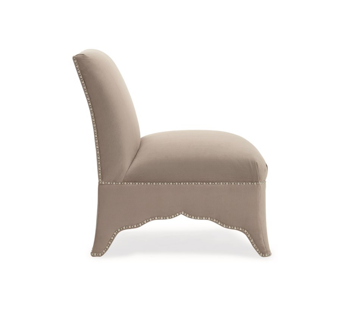 Elegant Upholstered Slipper Chair in Plum Grey with Nailhead Trim and Scalloped Detail – Showroom Sample