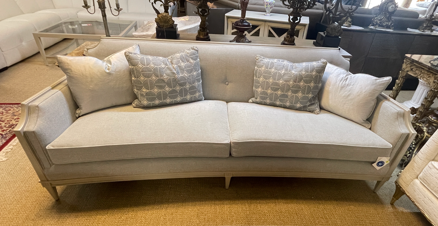 Italian-Inspired Gray Textured Sofa with Matte Pearl Wood Frame – Elegant Showroom Sample